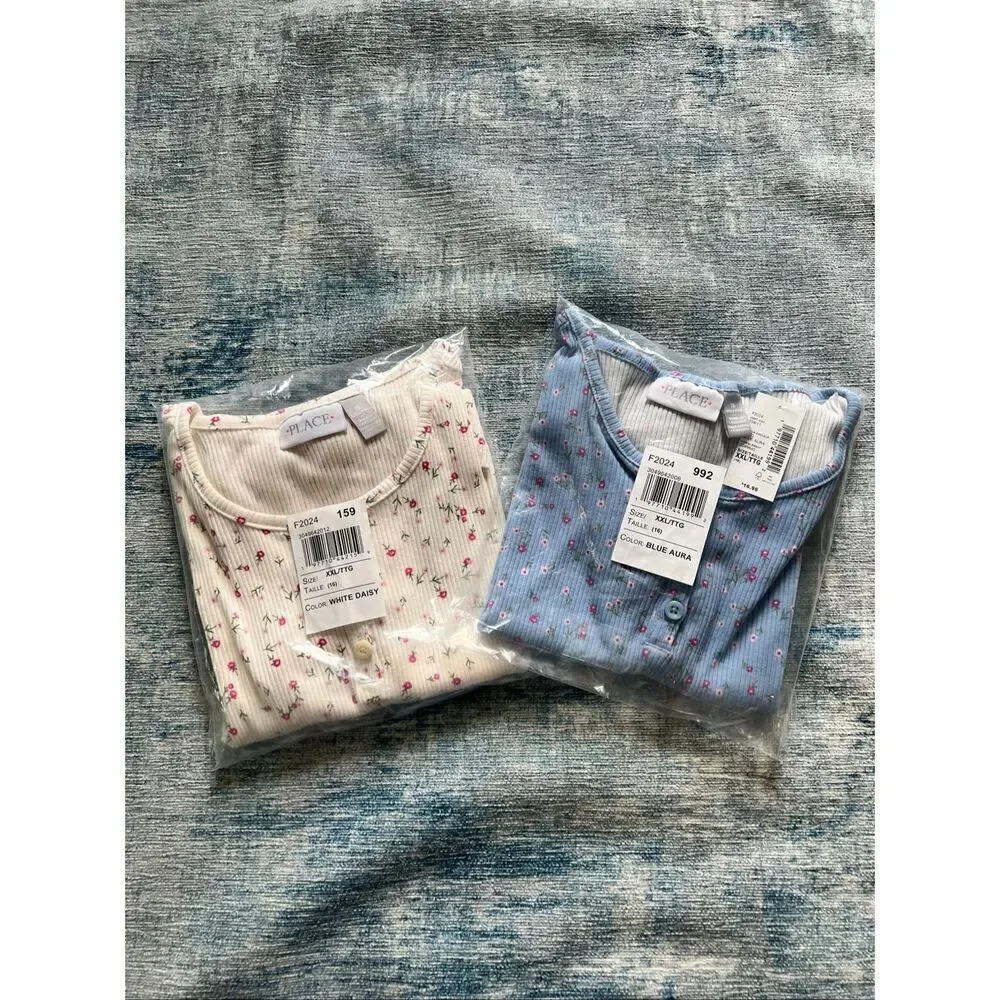 NWT! Children's Place White Blue Floral Short Sleeve Tees Lot of 2 Girls XXL